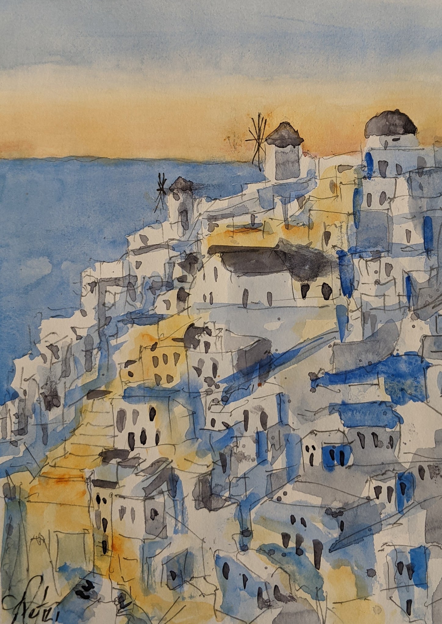 Santorini Watercolor Sketch